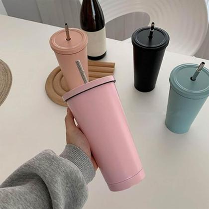 Imagem de Copo Térmico Com Tampa e Canudo Inox 500ml Para Café Bebidas