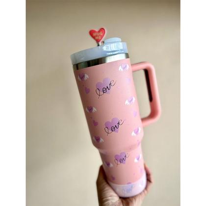 Imagem de Copo Térmico de aço inox 1200 ml (com alça e canudo) - estampa em formato de coração