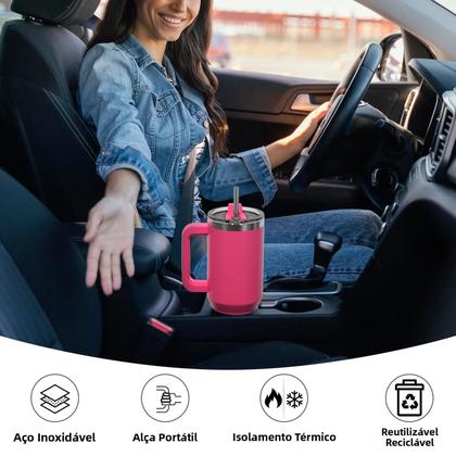 Imagem de Copo Térmico De Aço Inoxidável 591ml 20oz Com Alça E Canudo Para Bebidas Frias E Quentes, Caneca