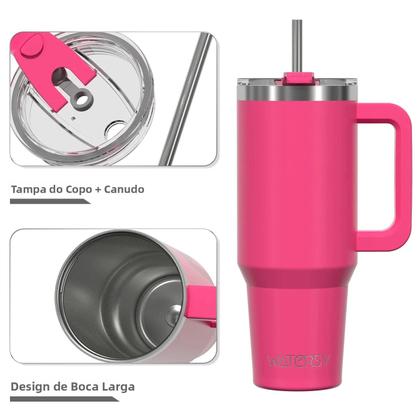 Imagem de Copo Térmico De Aço Inoxidável 591ml 20oz Com Alça E Canudo Para Bebidas Frias E Quentes, Caneca