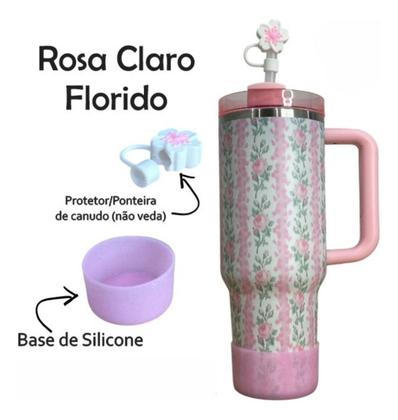 Imagem de Copo Térmico Florido 1200ml Aço Inoxidável Com Canudo