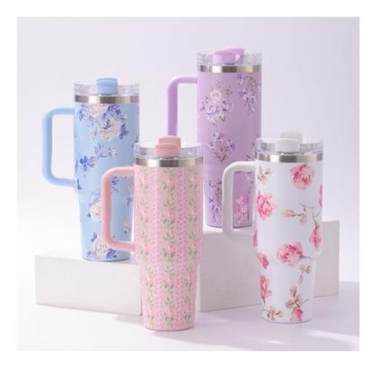 Imagem de Copo Térmico Florido 1200ml Aço Inoxidável Com Canudo