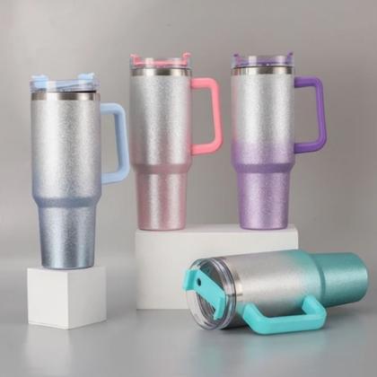 Imagem de Copo Térmico Glitter Degradê Com Alça E Canudo De Inox 1200ml Grande