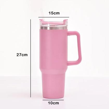 Imagem de Copo Térmico Grande 1200 Ml Canudo Inox Parede Dupla Rosa Rosa Liso