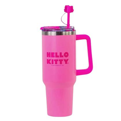 Imagem de Copo Térmico Hello Kitty Alça Caneca Aço Inox Bebida Gelada Quente Original 1,15L Canudo Tampa Escola Academia Pingente