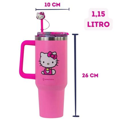 Imagem de Copo Térmico Hello Kitty Alça Caneca Aço Inox Bebida Gelada Quente Original 1,15L Canudo Tampa Escola Academia Pingente
