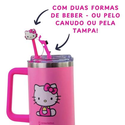 Imagem de Copo Térmico Hello Kitty Alça Caneca Aço Inox Bebida Gelada Quente Original 1,15L Canudo Tampa Escola Academia Pingente