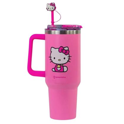 Imagem de Copo Térmico Hello Kitty Alça Caneca Aço Inox Bebida Gelada Quente Original 1,15L Canudo Tampa Escola Academia Pingente