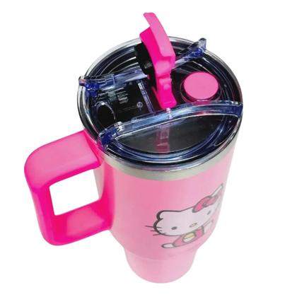 Imagem de Copo Térmico Hello Kitty Alça Caneca Aço Inox Bebida Gelada Quente Original 1,15L Canudo Tampa Escola Academia Pingente