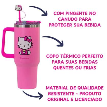 Imagem de Copo Térmico Hello Kitty Alça Caneca Aço Inox Bebida Gelada Quente Original 1,15L Canudo Tampa Escola Academia Pingente
