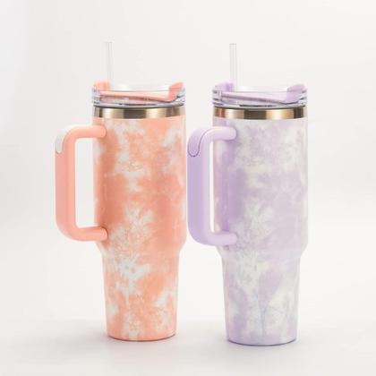 Imagem de Copo Térmico Marmorizado com Alça e Canudo Retrátil 1,2L Aço Inoxidável Isolamento Térmico