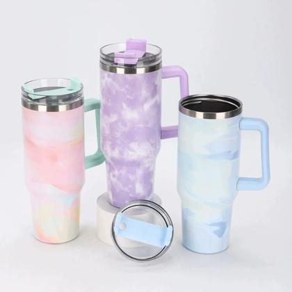 Imagem de Copo Térmico Marmorizado Inox Garrafa Com Alça Canudo 1200ml