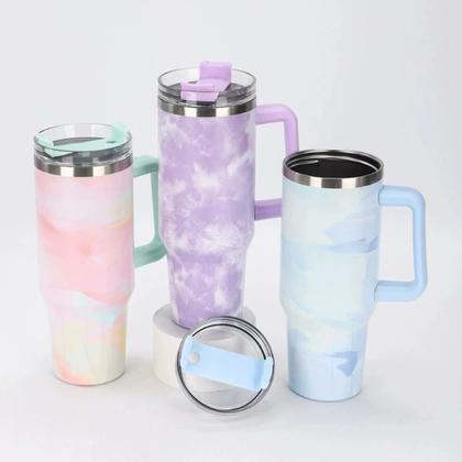 Imagem de Copo Térmico Marmorizado Inox Garrafa Com Alça Canudo 1200ml