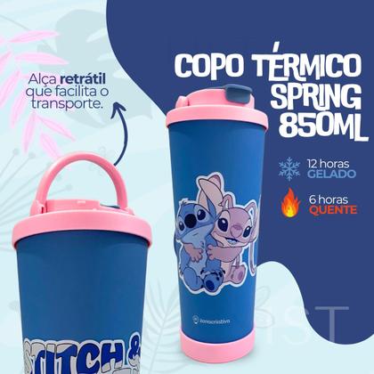 Imagem de Copo Térmico Stitch E Angel 850ml Tampa Antivazamento Canudo Inox E Alça Retrátil