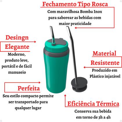 Imagem de Copo Térmico Tereré 650ml Com Tampa e Bomba Canudo Inox