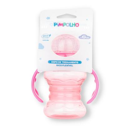 Imagem de Copo Transição Infantil Treinamento Alimentar Bebe Mamadeira Bico Flexível Antivazamento c/ Alça 120 ml 6m Volta as Aulas cor Rosa Presente Pimpolho