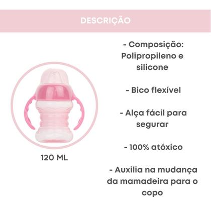 Imagem de Copo Transição Infantil Treinamento Alimentar Bebe Mamadeira Bico Flexível Antivazamento c/ Alça 120 ml 6m Volta as Aulas cor Rosa Presente Pimpolho