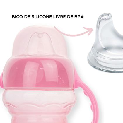 Imagem de Copo Transição Infantil Treinamento Alimentar Bebe Mamadeira Bico Flexível Antivazamento c/ Alça 120 ml 6m Volta as Aulas cor Rosa Presente Pimpolho