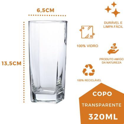 Imagem de Copo Vidro 320ml Quadrado BALI Kit com 18 Transparente Luxo