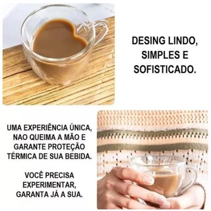 Imagem de Copo Xicara Coração Parede Dupla Café Chá Expresso Kit 2un