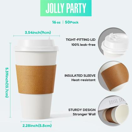 Imagem de Copos de café de papel JOLLY PARTY de 16 onças pacote com 50 com tampas e mangas