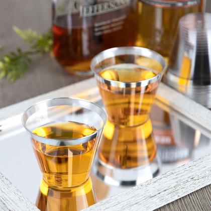 Imagem de Copos de festa de plástico descartáveis PLASTICPRO 270 ml (borda transparente/prateada), pacote com 100