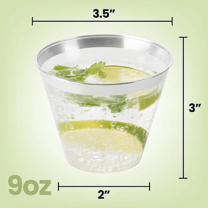 Imagem de Copos de festa de plástico descartáveis PLASTICPRO 270 ml (borda transparente/prateada), pacote com 100
