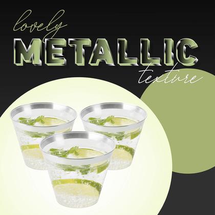 Imagem de Copos de festa de plástico descartáveis PLASTICPRO 270 ml (borda transparente/prateada), pacote com 100