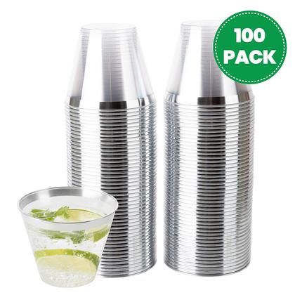 Imagem de Copos de festa de plástico descartáveis PLASTICPRO 270 ml (borda transparente/prateada), pacote com 100