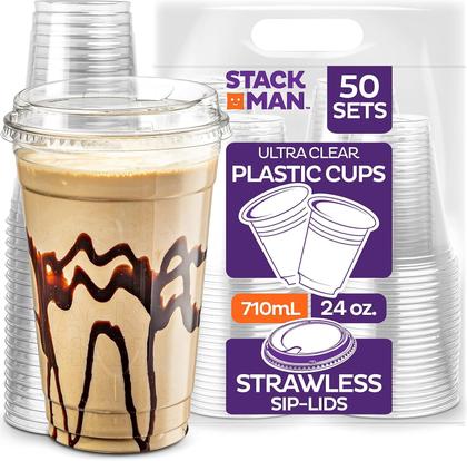 Imagem de Copos de plástico de 700 ml com tampas SIP-Lids, 50 conjuntos PET Crystal Clear