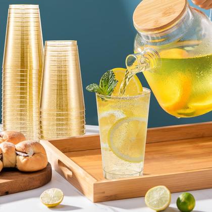 Imagem de Copos de plástico descartáveis Lamosi 14 onças Gold Glitter, pacote com 100
