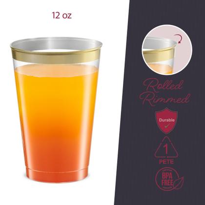 Imagem de Copos de plástico descartáveis PLASTICPRO 350 ml com borda dourada, pacote com 50