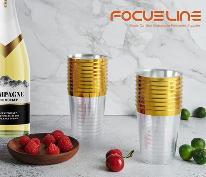 Imagem de Copos de plástico FOCUSLINE Gold 300 ml com borda dourada, pacote com 100