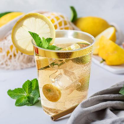 Imagem de Copos de plástico FOCUSLINE Gold 300 ml com borda dourada, pacote com 100