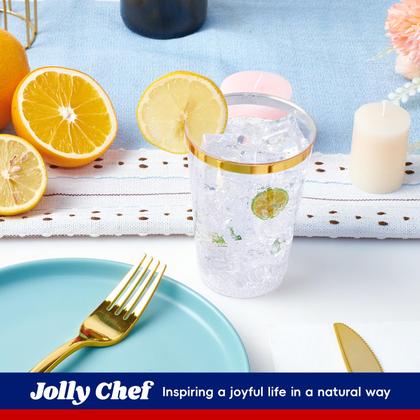 Imagem de Copos de plástico JOLLY CHEF 12 onças transparentes com borda dourada, pacote com 100