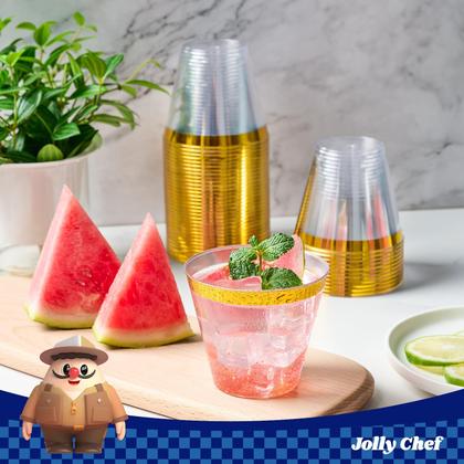 Imagem de Copos de plástico JOLLY CHEF de 9 onças transparentes com borda dourada, pacote com 100