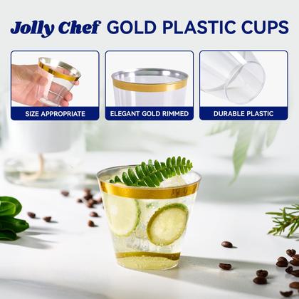 Imagem de Copos de plástico JOLLY CHEF de 9 onças transparentes com borda dourada, pacote com 100