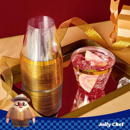 Imagem de Copos de plástico JOLLY CHEF de 9 onças transparentes com borda dourada, pacote com 100