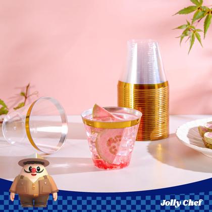 Imagem de Copos de plástico JOLLY CHEF de 9 onças transparentes com borda dourada, pacote com 100