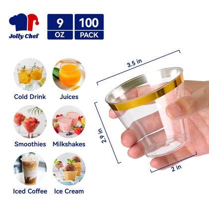 Imagem de Copos de plástico JOLLY CHEF de 9 onças transparentes com borda dourada, pacote com 100