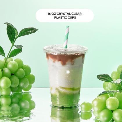 Imagem de Copos de plástico JOLLY PARTY 16 onças transparentes com tampas planas, pacote com 100