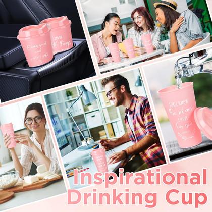 Imagem de Copos de plástico rosa Skylety, pacote com 60 copos, versículo bíblico de 470 ml