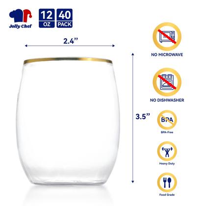 Imagem de Copos de vinho de plástico JOLLY CHEF 350ml, pacote com 40 unidades, aro dourado, sem haste