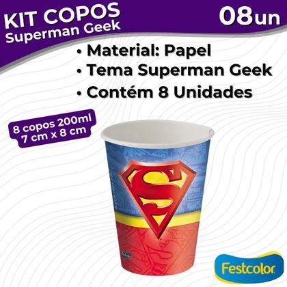 Imagem de Copos Descartáveis de Papel para Aniversário Comemoração - Superman Geek - 8 Unidades - Festcolor