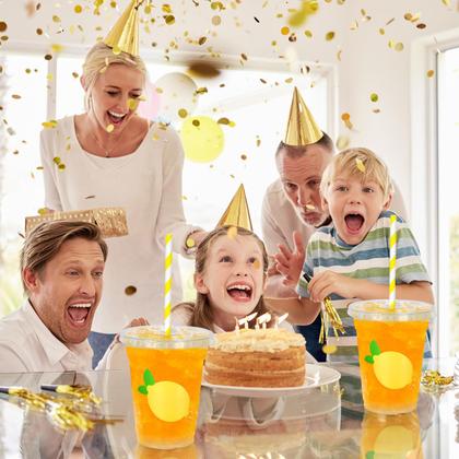 Imagem de Copos plásticos descartáveis Whaline Lemon 350ml com tampas e canudos