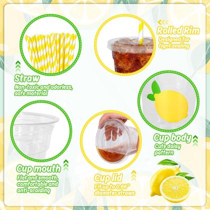 Imagem de Copos plásticos descartáveis Whaline Lemon 350ml com tampas e canudos