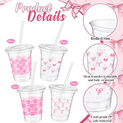 Imagem de Copos plásticos Jingmore Coquette 350mL com tampas e canudos x100