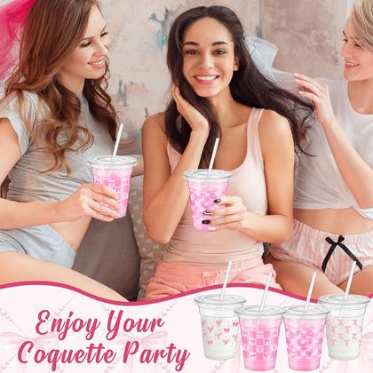 Imagem de Copos plásticos Jingmore Coquette 350mL com tampas e canudos x100