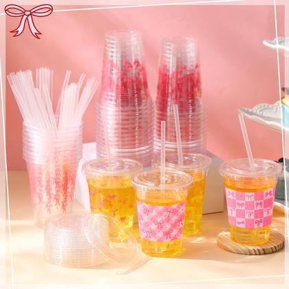 Imagem de Copos plásticos Jingmore Coquette 350mL com tampas e canudos x100