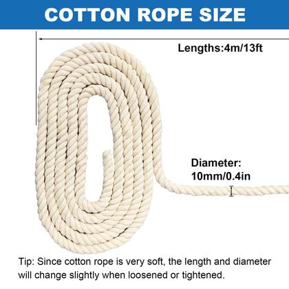 Imagem de Corda de algodão FOSER, cordão de macramê torcido de 3 fios (bege, 10 mm)